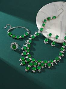 4 pièces Set de bijoux : Collier à pompons verts, boucles d'oreilles, bague et bracelet, ensemble de bijoux de mariage de mariée pour femmes