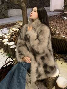 Korean Style Fashionable Faux Fur Midi Coat For Women, Winter - Coffee Brown - View 3