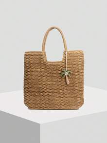 1 Pieza Bolsa de papel trenzada de gran capacidad con estilo de ocio y vacaciones, de unicolor, con decoración de colgante de ojo del diablo, bolsa de playa de un solo hombro para mujer, adecuada para vacaciones al aire libre, viajes diarios, ocio y combinación de ropa de moda. - Multicolor - Ver 17