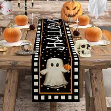 Obrus z nadrukiem ducha Halloween 1/25 szt., pyłoszczelny i łatwy do wycierania, odpowiedni do dekoracji domowych, stołu jadalnego, przyjęć świątecznych i jesiennych. Akcesoria na imprezę halloweenową, prezenty świąteczne, wystrój pokoju, dekoracja stołu jadalnego. - XYZQ41 - Zobacz 3
