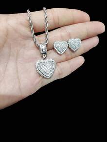 1 件立方氧化锆心形吊坠项链和 1 对心形耳环，女士嘻哈心形吊坠项链和耳环时尚首饰套装，适合日常佩戴或派对，情人节礼物 - 銀色 - 查看 6