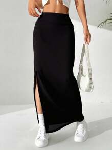 Falda midi con abertura v en el costado ligera cómoda sencilla - Negro - Ver 1