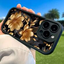 Estuche de teléfono móvil con diseño de flor dorada, decorado con hojas elegantes y fondo negro, compatible con modelos de for  16, 15, 14, 13, 12, 11 Pro, material TPU, protección contra golpes.Es un regalo genial para familiares, amigos, niños, cumpleaños, festival de primavera, vacaciones, novios, novias y Día de San Valentín. - Blanco - Ver 5