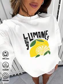 2025 Spring/Summer Women's Lemon Print Short Sleeve T-Shirt, Casual Style, 100% Cotton, Breathable Fabric, Comfortable To Wear, Loose Cut, Summer Season, Daily Use, Fun And Bright Design - White - View 1