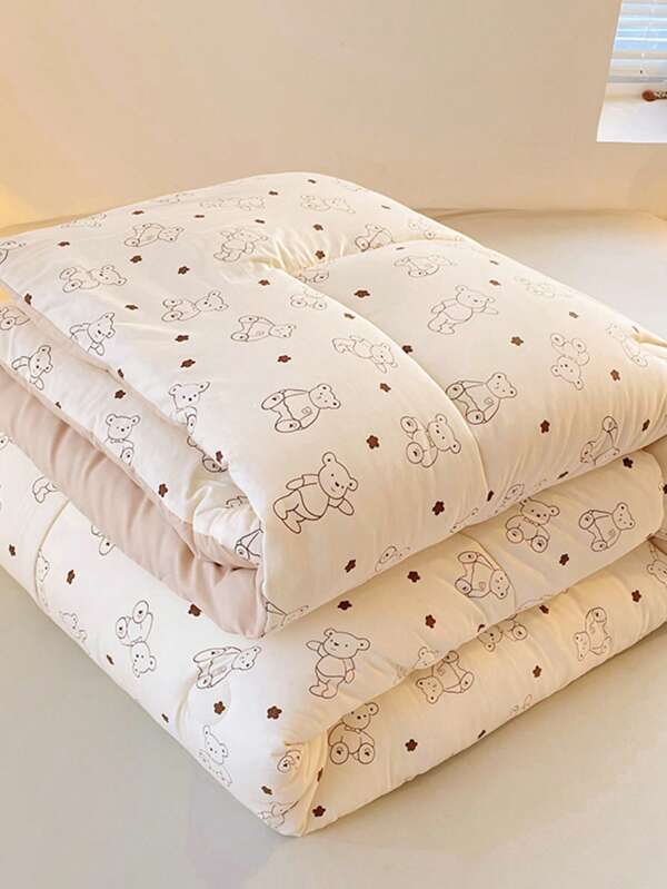 1pc Spring & Autumn Quilt, Cute Bear Design, Comfortable & Soft, Fresh Style, Bedding, Suitable For Home, Bedroom, Guest Room, Skin-Friendly, All Season