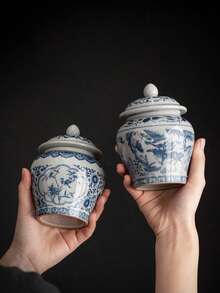 1 Tarro de almacenamiento de porcelana azul y blanco vintage con capacidad de agua de 500ml/1000ml, con lata de té sellada de cerámica de color esmaltado, adecuado para cajas de te, decoraciones de escritorio, frascos de almacenaje para el hogar, accesorios de t - Multicolor - Ver 3