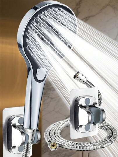 Juego de ducha ajustable de 3 modos con manguera de 1.5M + soporte sin perforación de material ABS duradero, actualización de baño de lujo en color plateado