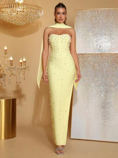 Faux Pearl Decor Strapless Slit High Thigh Bandage Bridesmaid Dress, Party Occasion Gown