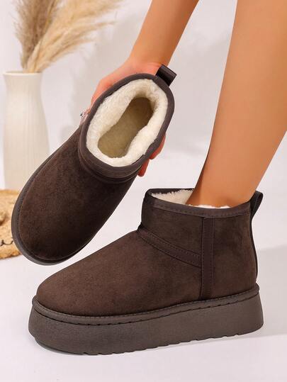 2025 Winter Women's Coffee Brown New Fashion Versatile Round Toe Faux Thermal Lined Thick Warm Outdoor & Indoor Casual Slip-On Snow Boots With Anti-Slip Chunky Platform,Fur Boots