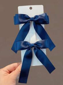 2pcs Girls' Simple Solid Color Bowknot Ribbon Hair Clips, Versatile - Multicolor - View 5