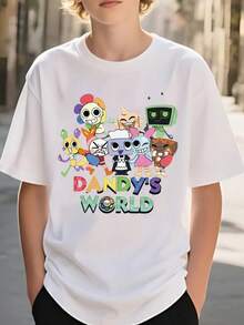 Tween Boys/Girls Summer Shirts "Dandy's World Cartoon Theme Cotton Graphic Tees, Black Casual Summer Tops With Cartoon Characters, Gift For Birthday, Kids Party, Fashion Retro Style" Boys Graphic Tees & Tween Girl Clothes - 白色 - 查看 3