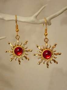 1 Pair Bohemian Style Baroque Sunflower Faux Jade Plated Gold Dangle Earrings, Elegant & Fashionable Earring Hooks - Sun - View 11