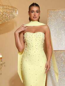 Đầm phù dâu cúp ngực, xẻ cao đến đùi, đính ngọc trai giả, thích hợp cho các dịp tiệc tùng. - Màu Mù tạt vàng - Xem 7