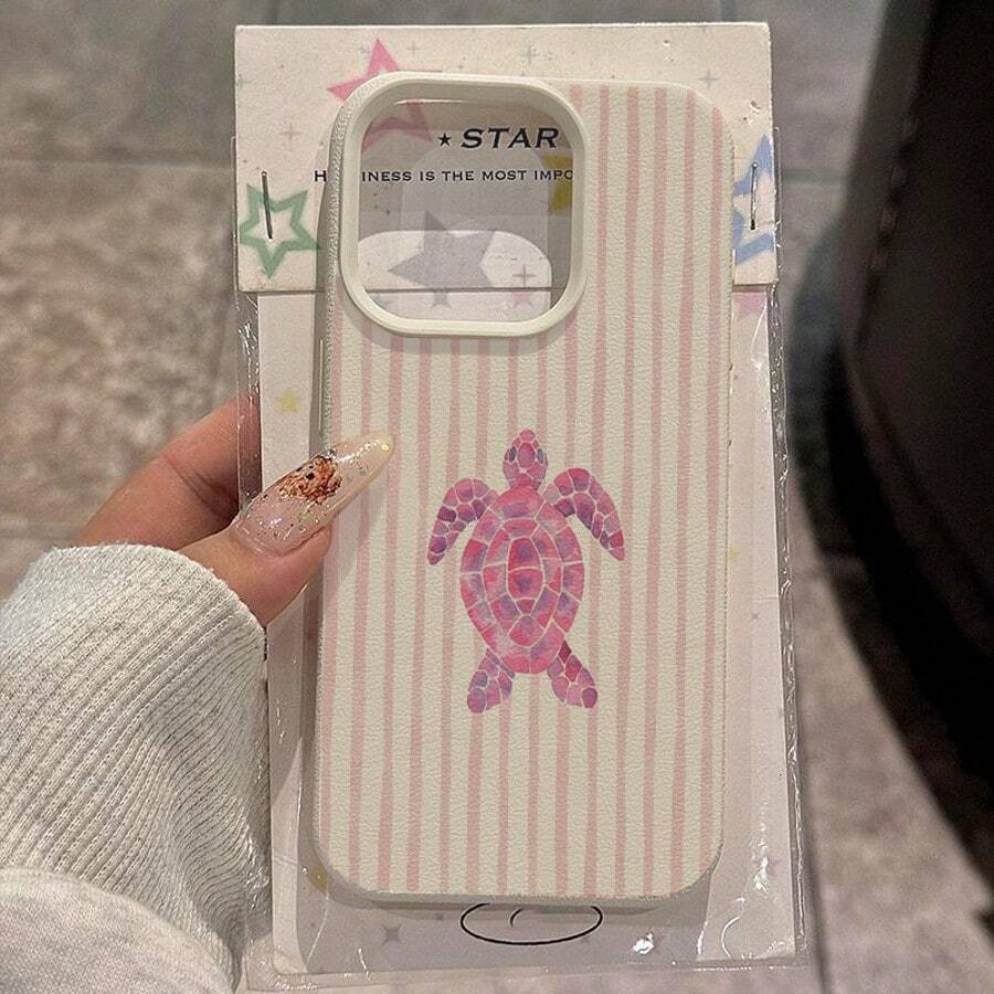 1pc Cute Pink Turtle Striped Pattern TPU Phone Case Compatible With Apple// Phones - White - View 1