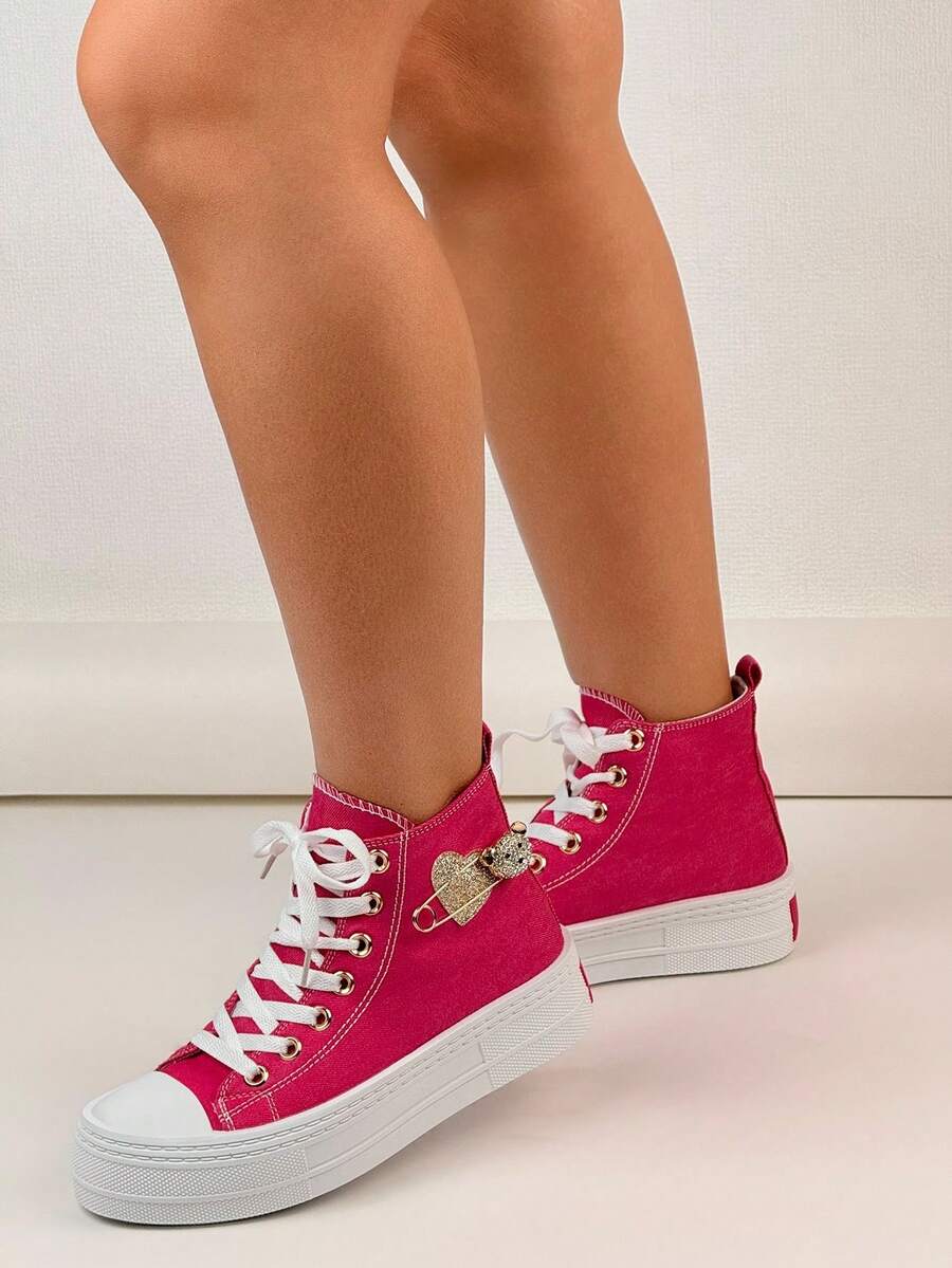 Women High-Top Thick-Sole Rhinestone Glitter Lace-Up Sneakers, Cute & Casual For Walking, Commuting, And Sport - Rose Red - View 1