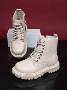 1 Pair White Infant Boots, Solid Color Front Lace-Up, Side Zipper, Metal Buckle, Simple Round Toe, Rubber Anti-Slip Sole, Outdoor Fashion Boots Suitable For 3-12 Years Old Boys And Girls, Students, Autumn/Winter New Style For Vacation, Casual, Party