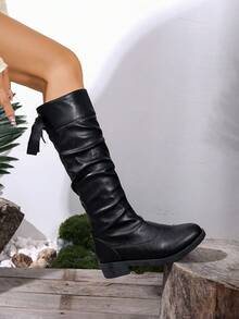 1 Pair Plus Size Women's Solid Color Bow Decor Chunky Heel Over-The-Knee Boots, Vintage Casual Outdoor Leisure, Back Bow Glossy Chunky Heel Over-The-Knee Boots, Vacation Outdoor Autumn/Winter - Black - View 6