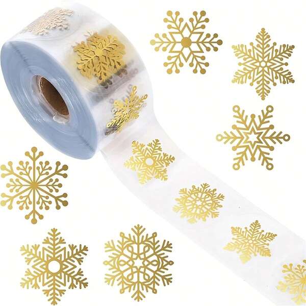 500pcs/Roll Gold Shiny Transparent Christmas Snowflake Seal Stickers, Round Non-Adhesive Gift Packaging Decorative Stickers