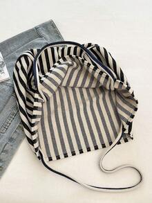 Túi Tote Canvas Sọc Retro Sang Trọng, Túi Đeo Vai Dung Tích Lớn Phong Cách Hàn Quốc Dành Cho Nữ, Thích Hợp Cho Du Lịch Và Nghỉ Dưỡng - màu đen - Xem 6