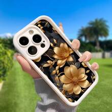Estuche de teléfono móvil con diseño de flor dorada, decorado con hojas elegantes y fondo negro, compatible con modelos de for  16, 15, 14, 13, 12, 11 Pro, material TPU, protección contra golpes.Es un regalo genial para familiares, amigos, niños, cumpleaños, festival de primavera, vacaciones, novios, novias y Día de San Valentín. - Blanco - Ver 2