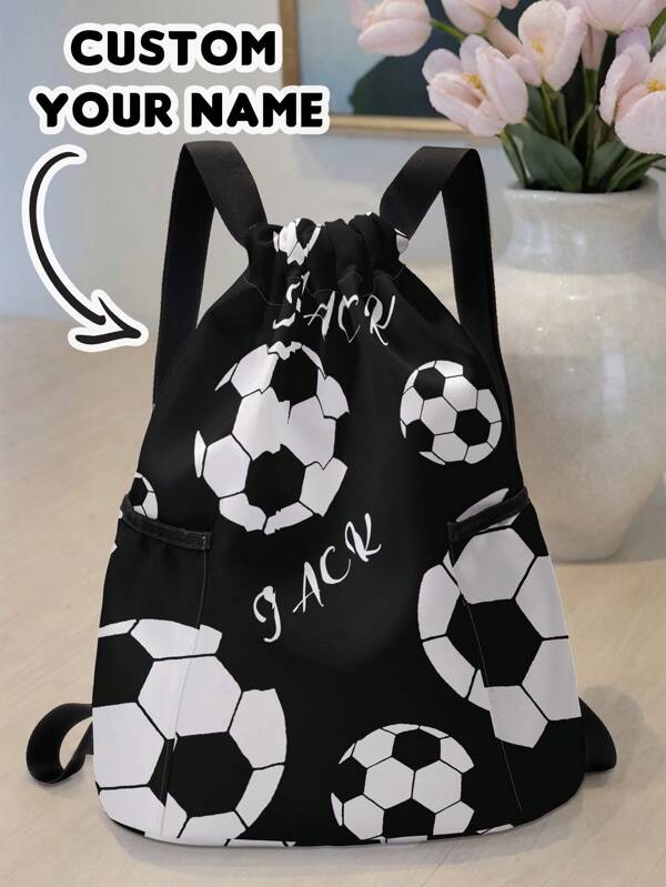 1pc Customized Name & Cartoon Football Drawstring Backpack, Sports Bag With Pockets, Can Be Customized According To Your Unique Design, Great Back To School Gift, Suitable For Children And Teenagers, Print Your Own Name Or Your Sibling/Classmate's Name As A Gift,Multi-Functional,Ornamental,Letter,Stylish,Modern,Colorful,Cute,Adorable,Casual,Custom,Personalised,Unique,Customized,Ideal Gifts For Him,Ideal Gifts For Her,Kids,Gala Night,Travel, School