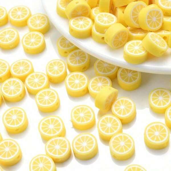 100pcs Soft Polymer Clay Lemon Slice Beads | DIY Jewelry Making, Bracelet & Accessory Spacer Beads, Citrus Themed Craft Supplies