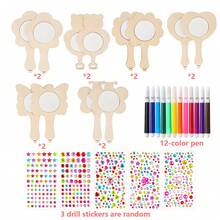 12 Pieces Of DIY White Wood Small Mirrors, Handicraft Set, Cartoon Animal Butterfly Heart Mirror Theme, Including 12 Wooden Board Mirrors, 1 Color Diamond Sticker, 12 Color Pens, DIY Handicraft Set Suitable For Children, Four-Season Wooden Handicraft Supplies Set, Halloween, Christmas, Birthday Gifts - Apricot - View 14