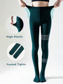 1 Pair Women's Olive Green Fleece Tights, Elastic Figure-Hugging Soft Brushed Tights For Spring & Autumn, Cozy - Dark Green - View 2