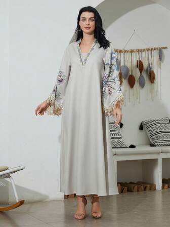 Women's Printed V-Neck Fringe Long Sleeve Dress, Elegant Kaftan