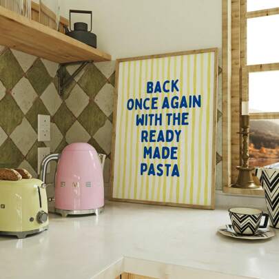 1pc Frameless "Ready To Eat Comeback" Pasta Wall Art Vibrant Yellow Blue Italian Food Print, Funky Kitchen Decor For Bedroom,Dorm,Kitchen | Pop Culture Gift, Pasta Lover Poster, Decoration Bedroom