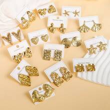 18 Pairs - 18K Gold Plated Stainless Steel Earrings - Multi-Element Design / Hypoallergenic / Suitable For All Seasons / Versatile Fashion Earrings For Women / Best Gift For Her (Random Assortment) - Multicolor - View 4