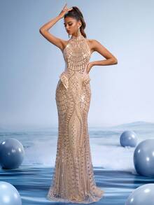 GIFORU Elegant Silver Sequin Prom Dress Halter Mermaid Gown Gold Beaded Wedding Dresses For Bride Women Sparkly Long Graduation New Year Party Dress - Khaki - View 5