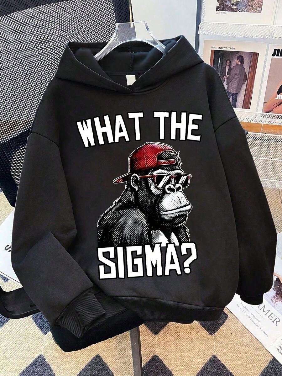 Tween Boys Casual Simple Cool Monkey Print Hoodie Boys Long Sleeve Sweatshirt Autumn And Winter Students - Black - View 1