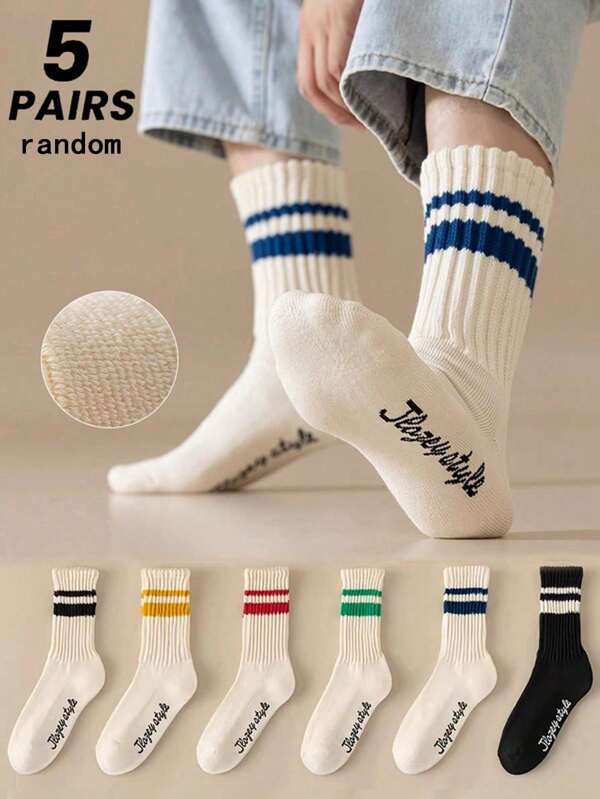 1/5 Pairs Stripe Letter Mid-Calf Socks For Men & Women, Summer Autumn Winter Spring Soft Sports Socks, Back To School Running Trainer Socks, Suitable For Daily Wear Outdoor Travel Camping Holiday Gift