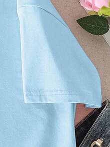 Blusa de manga corta con estampado de criaturas marinas, cuello redondo, blusa de verano para niñas - Celeste - Ver 5