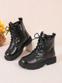 1 Pair Black Soft Faux Leather Boots For Teenagers & Youth, Round Toe Thick Sole Anti-Slip Comfortable Mid-Calf Boots With Front Lace-Up & Side Zipper, Suitable For Male & Female Students Casual, Travel, Autumn/Winter