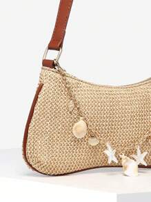 1 件女士复古度假海洋生物仿珍珠樱桃仿毛皮尾巴编织斜挎包腋下法棍包，适合约会、郊游、度假