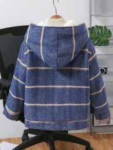 男童格子连帽休闲夹克，冬季 - 藍色 - 查看 2
