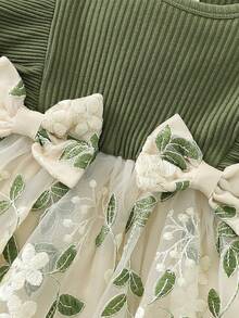 Vestido de Primavera y Otoño para Recién Nacida, con Tul y Bordado de Plantas y Flores - Verde - Ver 7