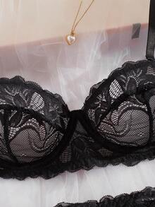Women's Sexy Spaghetti Strap Bra And Lace Panty 2 Pieces Lingerie Set - Black - View 4