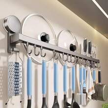 Wall Mount Kitchen Hook Rack Suction Cup No Punching Cooking Tool Holder Kitchen Utensils Organizer Knife Sliding Hanging Shelf