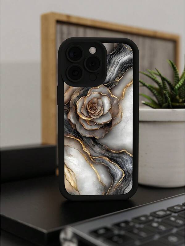 1pc New Marble Flower Pattern Phone Case, Suitable As Gift For Boyfriend, Friends, Girlfriend, Family, Brother, Colleagues, Younger Sibling, Couples, Classmates, Teachers, Birthday Or Holiday Gift. Black Matte Soft Protective Case Compatible With IPhone 13/16/15/14/13/12/11/Pro/ProMax/X/XR/XS/XSMAX/7/8/PLUS, /Redmi/OPPO/Vivo/Honor