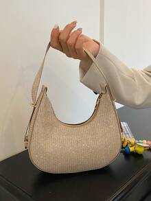 1pc Zipper Closure PU Solid Color Crescent Underarm Bag, Fashion Retro Office Shoulder Bag, Versatile Baguette Bag, Shiny Women Party Evening Bag, Suitable For Daily Use And Attending Banquets - Gold - View 7