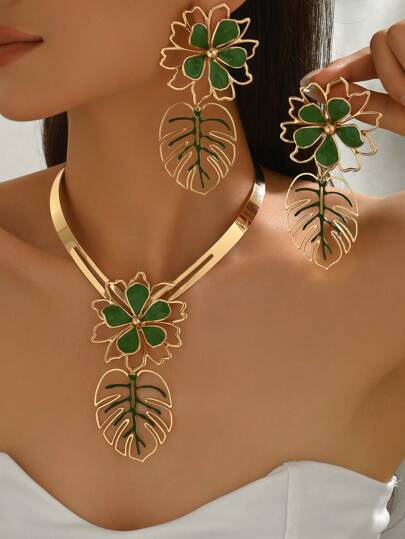 Set de 3 piezas de joyería de verano con collar de flor hueca esmaltada colorida + aretes, estilo bohemio, adecuado para uso casual, playa, citas, fiestas, como regalo para mujeres