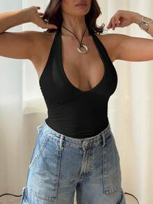 Women's V-Neck Halter Solid Color Casual Top - Black - View 4