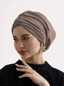 1pc Women's Classic Solid Color Chemo Turban Hat, High Elasticity, Pleated Design, Non-Slip, Breathable, Multi-Layer Pleated Headscarf, Perfectly Paired With Hijab, Soft And Skin-Friendly Modal Knitted Fabric, Suitable For Hijab Outfit, Daily Wear - Black - View 11