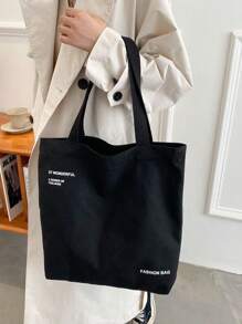 1pc Men's Canvas Shoulder Bag With Letter Print, Casual Tote Bag Large Capacity Reusable Shopping Bag