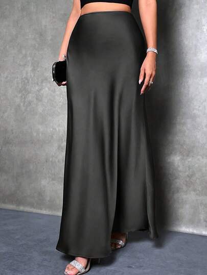 Plus Size Women Elegant Maxi Satin Skirt, Solid Color Black Spring