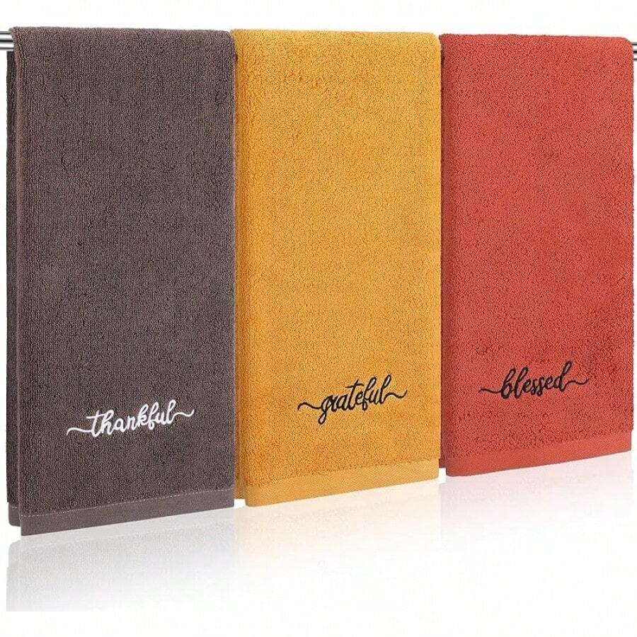 Peryiter - 3 toallas de mano para decoración de baño, de algodón de 14 x 29 pulgadas, rústico, bordadas para decoración de cocina bohemia, regalo cristiano inspirador (serie café, bendito agradecido) - Naranja Otoño - Ver 1