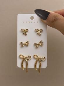 3 Pairs Of Gold Bow Earrings Set Bow Earrings Set Girls Fashion Jewelry Bow Accessories - one-size - View 3